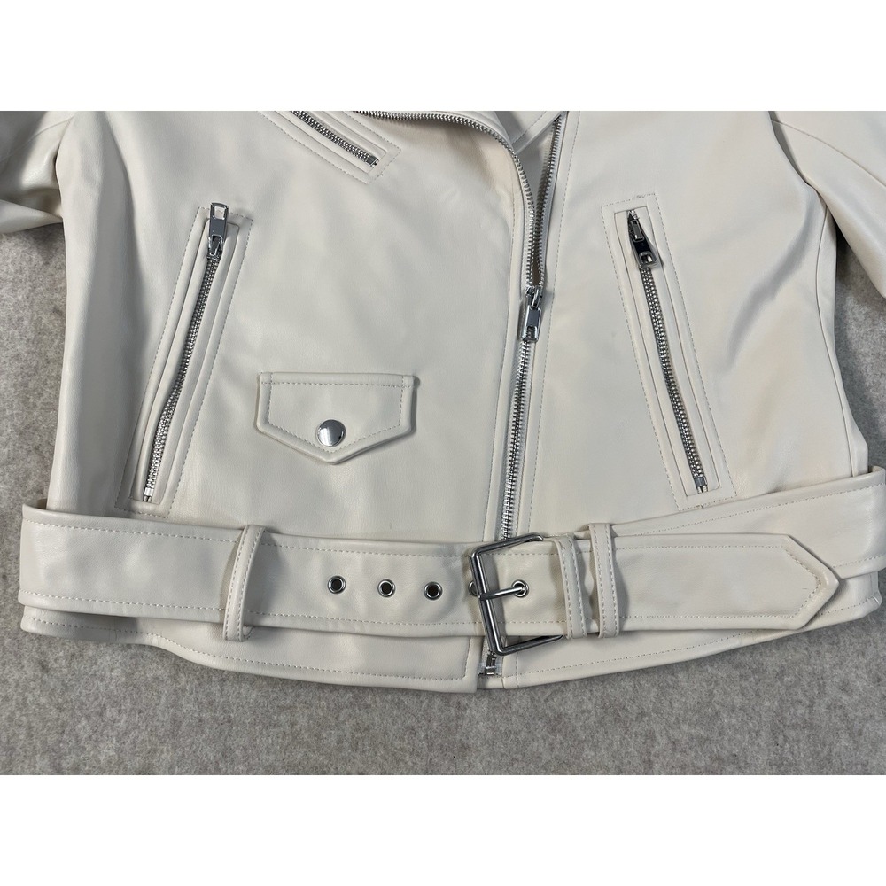 NWOT Zara Womens M Faux Leather Motorcycle Moto Jacket Zip Up Beige - Picture 4 of 16